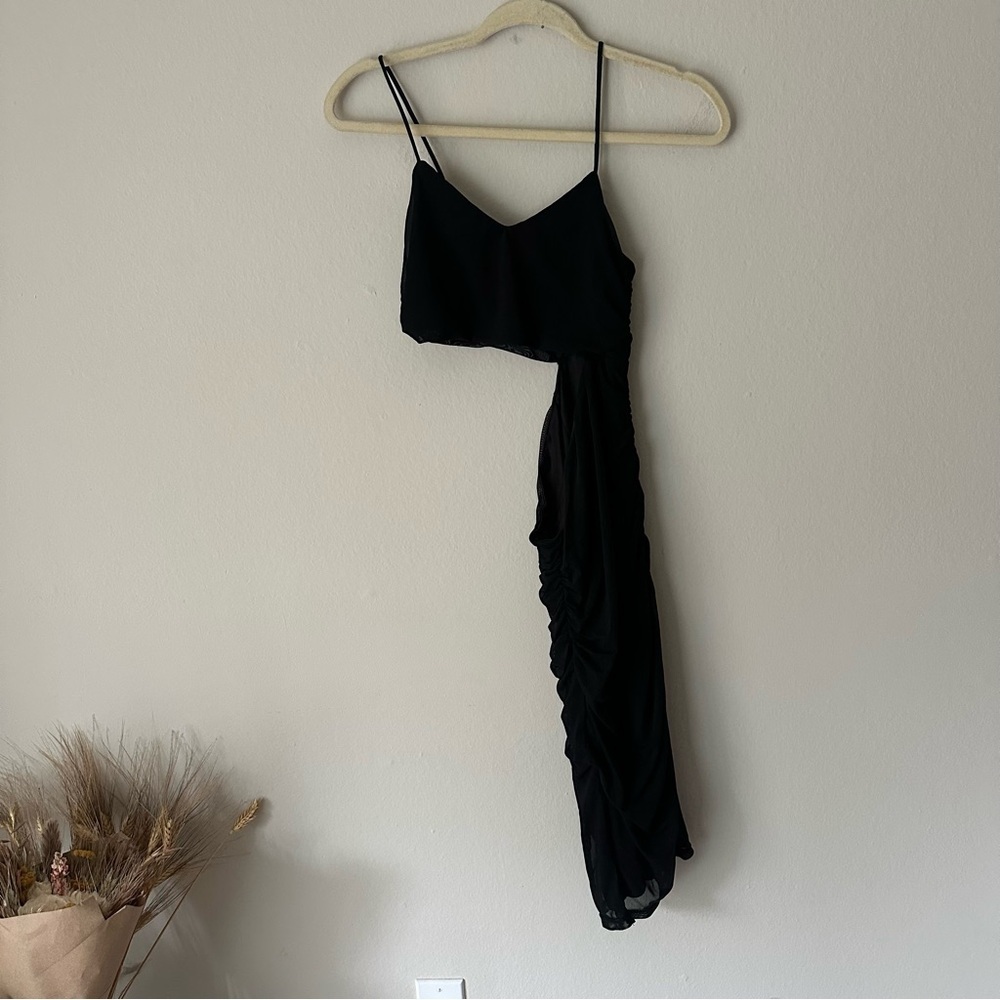 Lulus Cutting Loose Black Ruched Cutout Bodycon Dress Black Leg Slit M - Picture 6 of 12